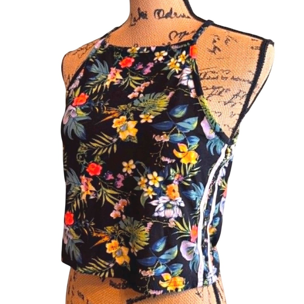 Rue21 Womens Tropical Floral Boho Summer Beach Resort Crop Tank Top Black Large
